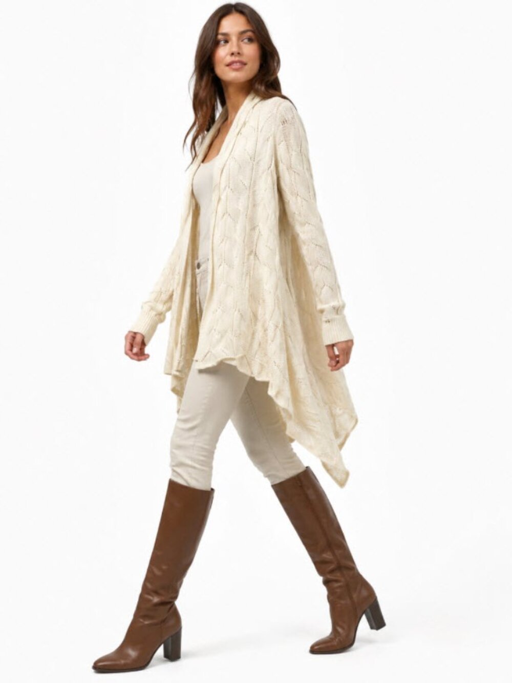 Monari Cream Merino Wool Cashmere Cable Knit Draped Cardigan L/XL Italy